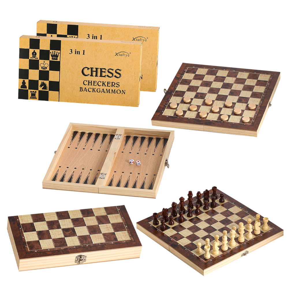 Wooden 3-in-1 Checkers Backgam - Chess Set Wooden ulasan dan harga